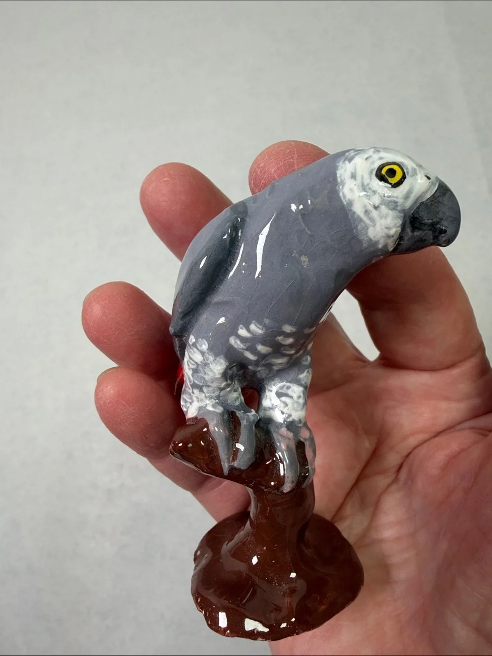 Artisan African Grey Parrot on Perch Signed Pottery Handmade Hand Painted 3.5”